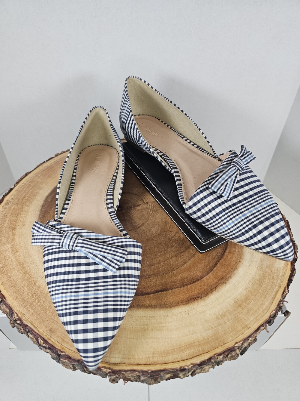J. Crew Navy and White Gingham Pointed-Toe Flats with Bow
